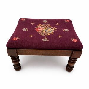 Vintage Needlepoint Footstool French Provincial Burgundy Wool Floral Wood Stool